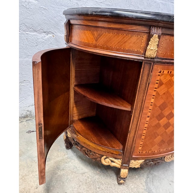 Brown Antique French Style Inlaid Wood Carved Marble Top Demilune Server For Sale - Image 8 of 14