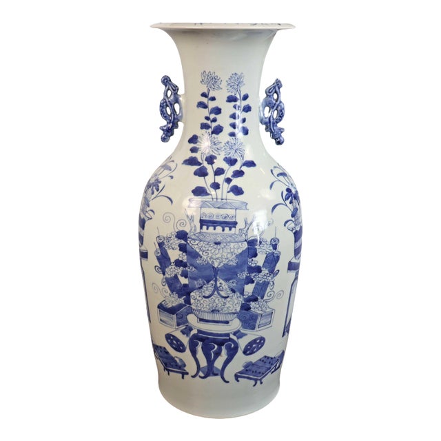 Antique Chinese Blue & White Porcelain Floor Vase With Dragon Handles For Sale