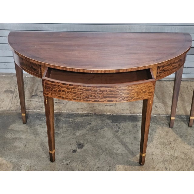 Early 20th Century Early 20th Century Pair Federal Mahogany Demi Lune Hall Tables Console Tables Dining Table Inlay For Sale - Image 5 of 12