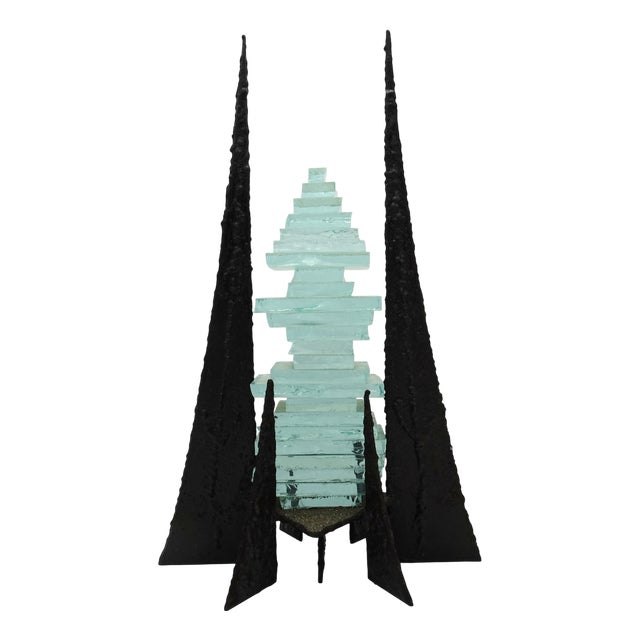 Modernist Abstract Glass and Wrought Iron Art Sculpture, 1980s For Sale