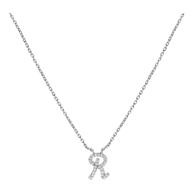 10K White Gold Diamond Accent "R" Initial Script Style Pendant Necklace For Sale