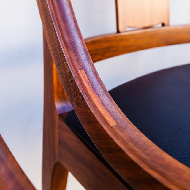 Vanishingly rare and fully restored set of six low arm walnut dining chairs by Richard Thompson for Glenn of California,...