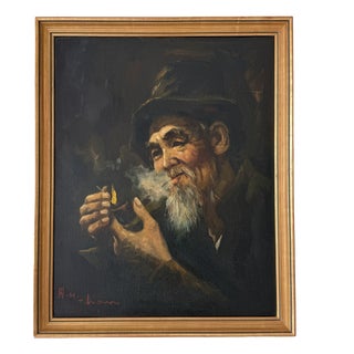 Wahso Chan, Smoking Chinese Elder of San Francisco, 1930s, Oil Painting on Canvas For Sale
