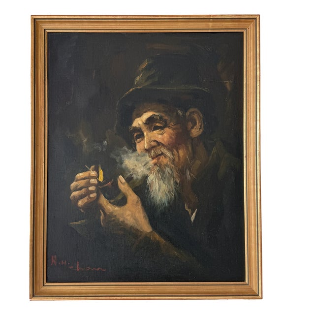 Wahso Chan, Smoking Chinese Elder of San Francisco, 1930s, Oil Painting on Canvas For Sale