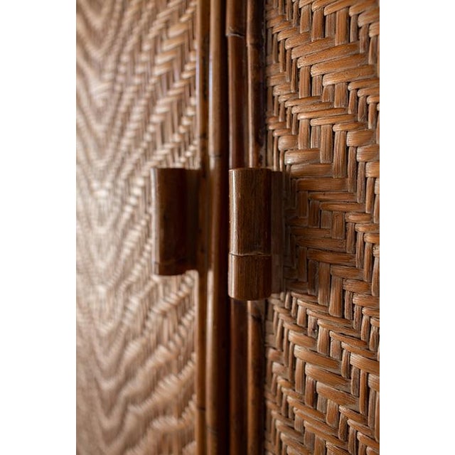 Mid-Century Modern 1970's Rattan Etched Wood Safari Armoire Wardrobe Storage Cabinet For Sale - Image 3 of 14