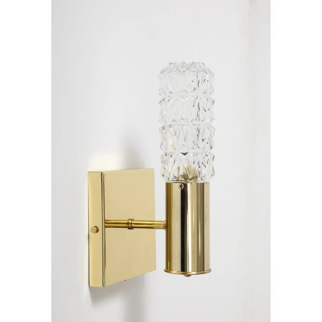 Brass Pair of 1960's Minimalist Brass and Faceted Crystal Wall Sconces by Doria. For Sale - Image 8 of 9