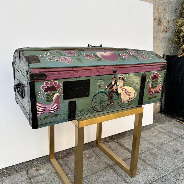 Provençal Style Wedding Chest in Polychrome Wood and Wrought Iron, France, 1930s For Sale - Image 15 of 18