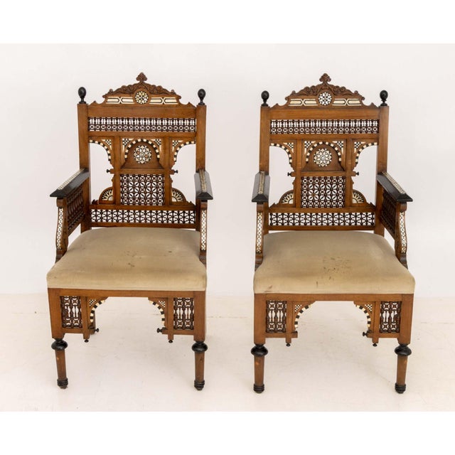 Pair of Moroccan Inlaid Walnut Armchairs For Sale - Image 10 of 12
