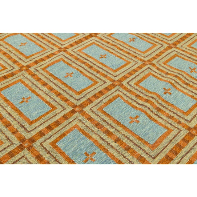 Swedish-Style Geometric Flatweave Wool Rug in Rust and Sky Blue For Sale In New York - Image 6 of 10