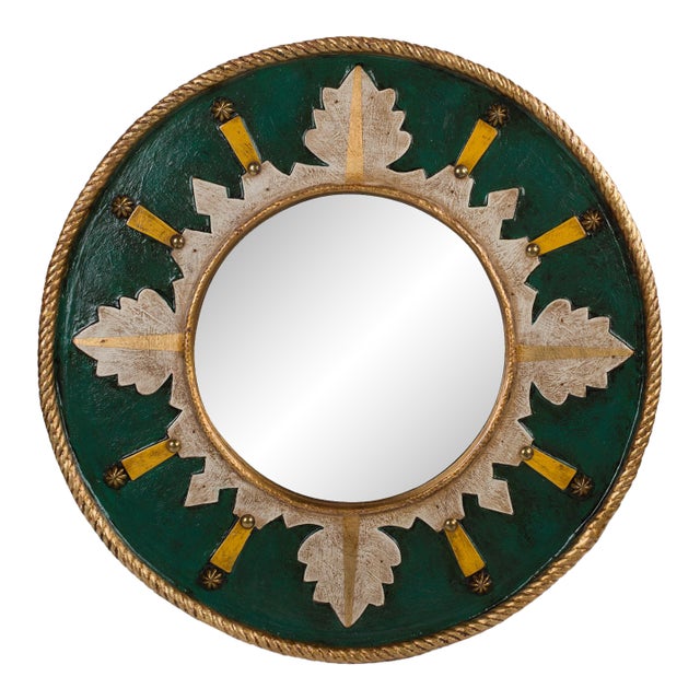 Vintage Spanish Sunburst Wall Mirror – Emerald Green & Gold Leaf For Sale