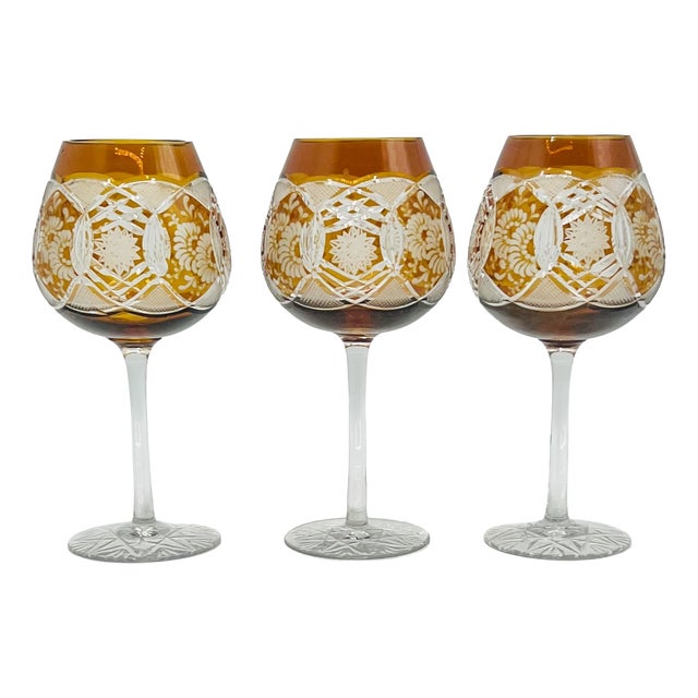 Vintage Bohemian Amber Cut-to-Clear Wine Glasses, 1950s, Set of 3 For Sale