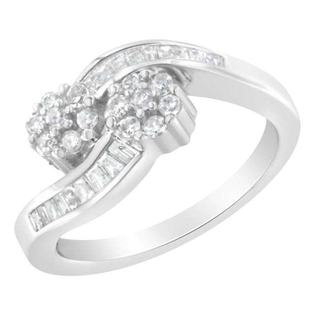 14K White Gold Round and Baguette Diamond Bypass Ring (1/2 cttw, H-I Color, I1-I2 Clarity) - Ring Size 6 For Sale