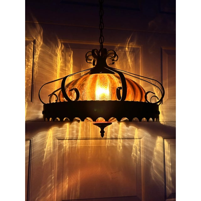 Mid 20th Century Mid 20th Century Vintage Amber Glass and Metal Swag Light For Sale - Image 5 of 6