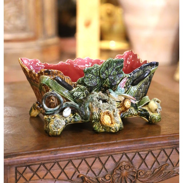French Pair 19th Century French Palissy-Style Barbotine Majolica Bird Jardinières For Sale - Image 3 of 13