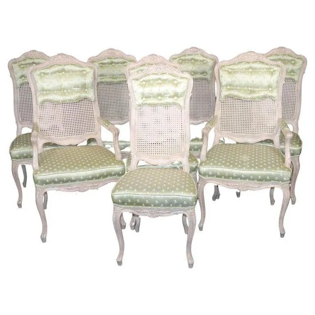 Painted Green Upholstered Cane French Louis XV Tall Back Dining Chairs - Set of 8 For Sale - Image 13 of 13