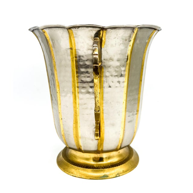 Late 20th Century Vintage Hammered Brass & Silver Tone Double Handle Cachepot / Wine Cooler – Hollywood Regency / Neoclassical For Sale - Image 5 of 13