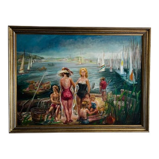 Vintage Oil Painting of Swimmers and Sailboats on Beach For Sale