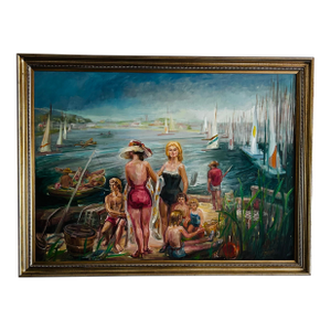 Vintage Oil Painting of Swimmers and Sailboats on Beach