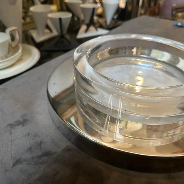 Contemporary 1980s Lino Sabattini Style Minimalist Silver Plated and Glass Bowl For Sale - Image 3 of 10