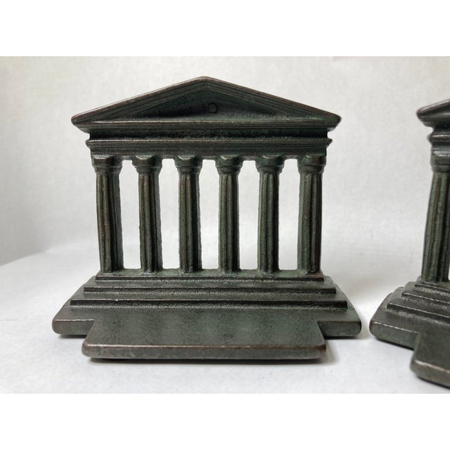 Traditional Vintage Solid Cast Iron Parthenon Greek Roman Temple Column Bookends With Faux Green Patina For Sale - Image 3 of 11