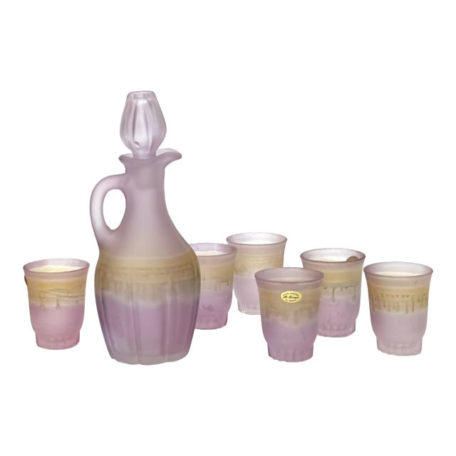 Frosted Mauve Art Glass Shot Glasses and Decanter - Set of 7 For Sale