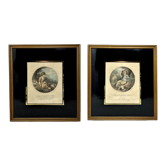 Antique Regency Pair Hand Colored Stipple Engravings Children Richard Westal 18Ct For Sale