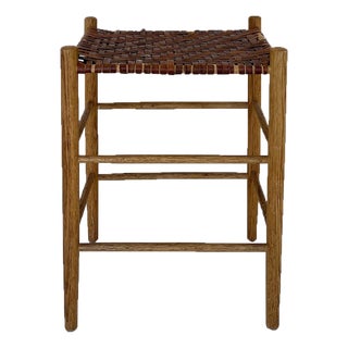 Vintage Woven Leather and Oak Stool / Side Table, Scandinavian Style For Sale