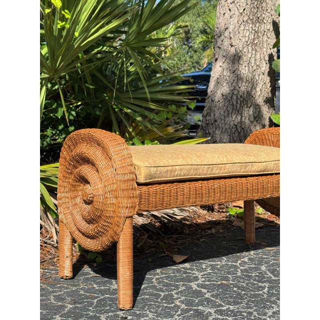 Vintage Wicker Bench | Coastal Rattan Barrel-Back Settee With Cushion For Sale - Image 4 of 10