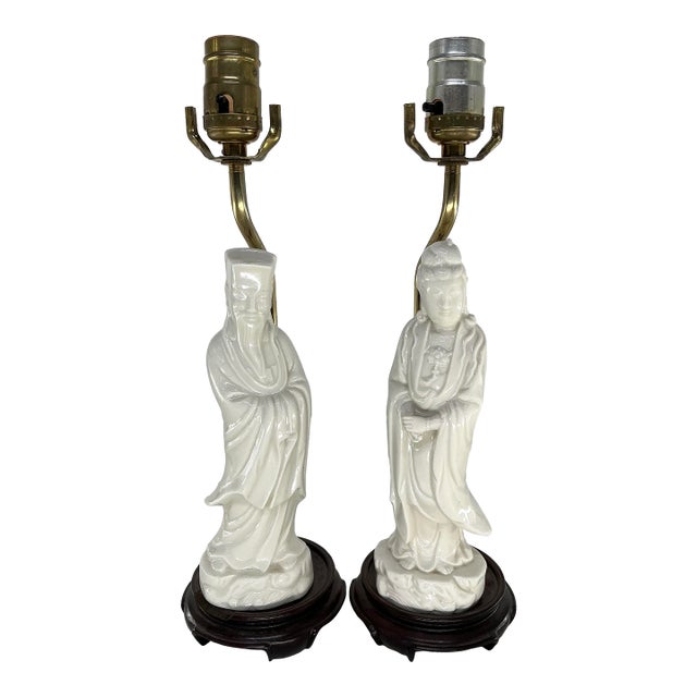 Pair of Asian Style Vintage Blank De Chine Porcelain Figural Lamps For Sale
