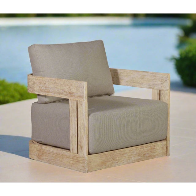 Paradiso Outdoor Teak Natural Look Revolving Chair - Gray Fabric For Sale - Image 12 of 12