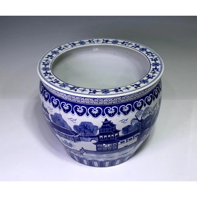 Large Chinese Porcelain Planter With Hand Painted Blue & White Temples & Lakes 16" For Sale In Tampa - Image 6 of 7