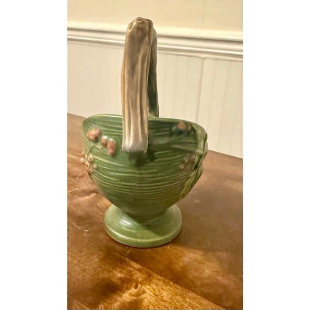 Mid-Century Modern Mid 20th Century Roseville Bushberry Green Art Pottery Basket For Sale - Image 3 of 12