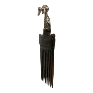 African Baule I.Coast Comb W/ Aluminum Bird Head Sculpture 7.75 " H