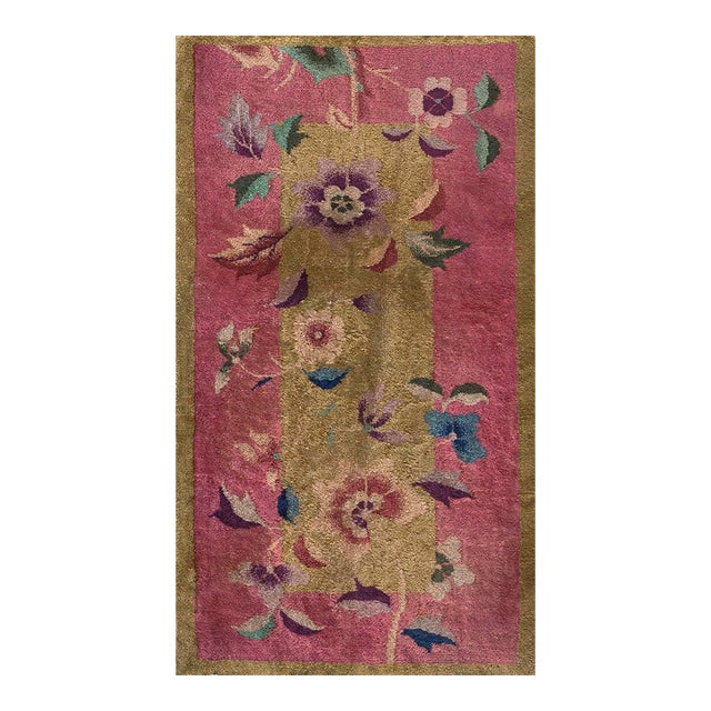 Cute Pink-Cerise Grond Color With Central Floral Desing Antique Chinese Art Deco Rug For Sale