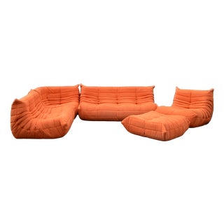 Togo Sofa in Orange Microfiber Set by Michel Ducaroy for Ligne Roset, Set of 5 For Sale
