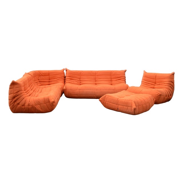 Togo Sofa in Orange Microfiber Set by Michel Ducaroy for Ligne Roset, Set of 5 For Sale