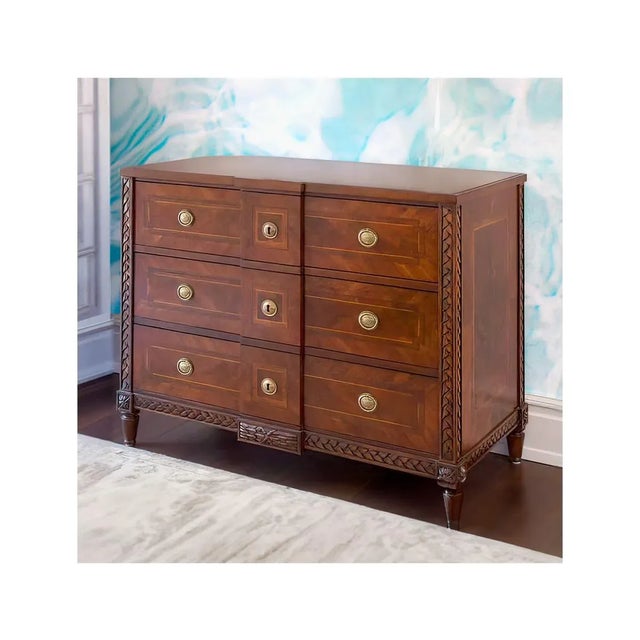 Italian Louis XVI Walnut Commode with three breakfront long drawers, each with parquetry inlaid banding of burl and...