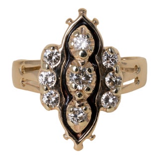 Vintage 14k Gold Diamond and Black Enamel Navette Ring, Size 7.25 For Sale