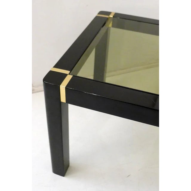 1980s Small Vintage Coffee Table in Black Lacquered Wood & Gold Metal, Smoked Glass Tray, 1970s For Sale - Image 5 of 11