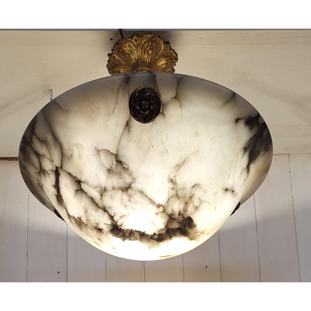 Art Deco French Ceiling Lamp with Domed Alabaster Bowl on Brass Mount, 1920s For Sale - Image 9 of 9
