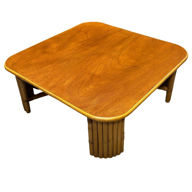 1950s Restored Square Rattan Coffee Table W/ Vertically Stacked Legs For Sale - Image 4 of 6