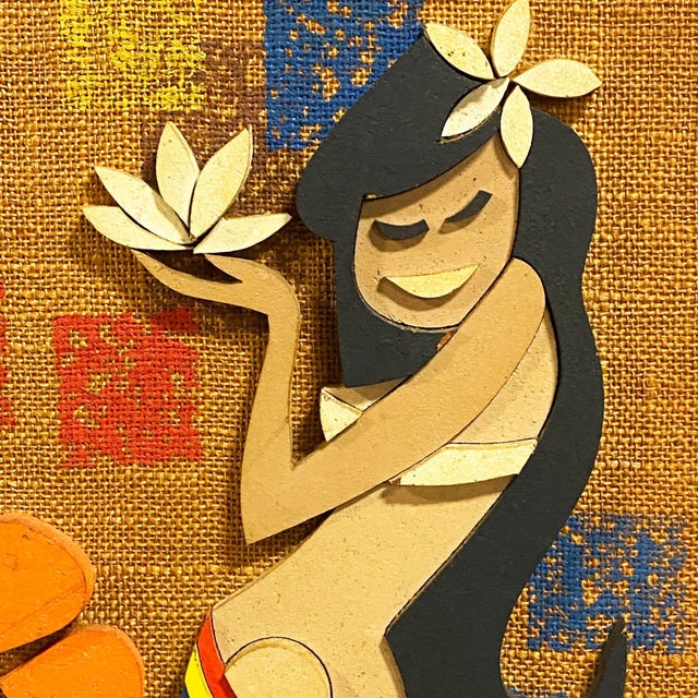 Mid-Century Modern Rare 1960s MCM Tropical Hula Girl Hand Cut Wood 3d Wall Sculptural Framed Art For Sale - Image 3 of 14