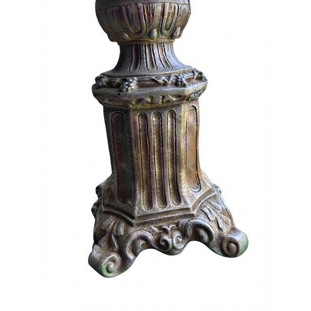 Vintage Neoclassical Column Table Lamp With Floral Fringed Shade For Sale - Image 4 of 8