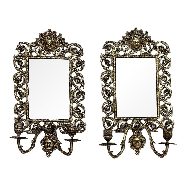 19th Century Italian Renaissance Cast Bronze Mirrored Wall Sconces - a Pair For Sale
