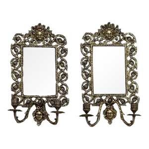 19th Century Italian Renaissance Cast Bronze Mirrored Wall Sconces - a Pair