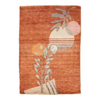 4x6 Modern Art Deco Hand-Knotted Area Rug Abstract Botanical Rust & Terracotta For Sale