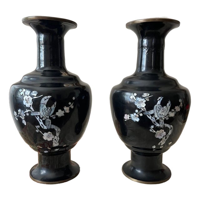 Pair of Vintage 9" Korean Black Enamel Brass Vases, Mother of Pearl Inlay For Sale