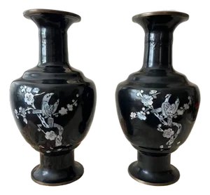 Pair of Vintage 9" Korean Black Enamel Brass Vases, Mother of Pearl Inlay