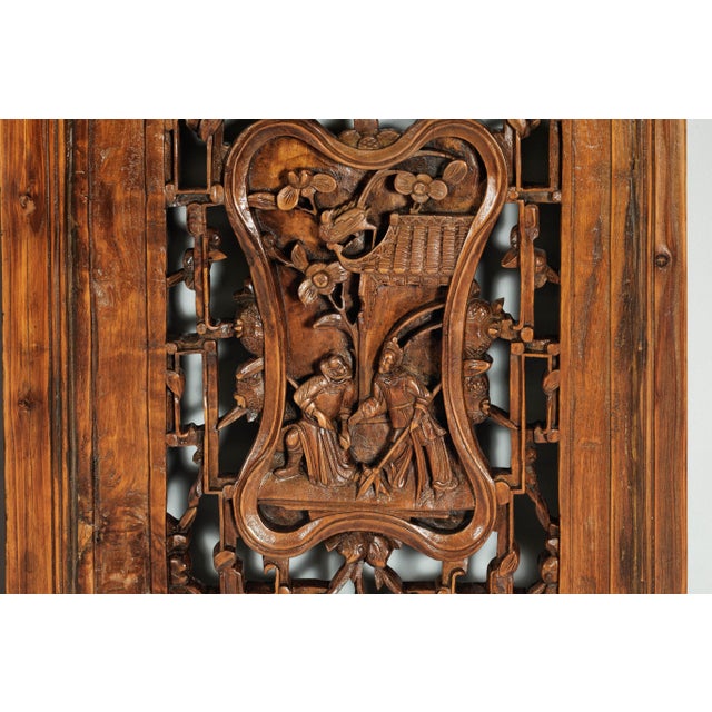 Antique Chinese Carved Wood Architectural Panels with Lattice and Figures – Set of 4 For Sale - Image 4 of 12
