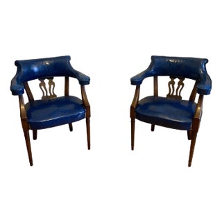 Pair of Hickory Colonial Williamsburg Smoking Club Chairs in Marble Blue Vinyl For Sale